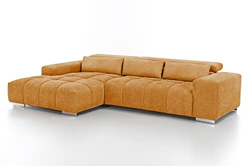 Mivano Eckcouch Orion / Großes Ecksofa mit XL-Recamiere, Kopfteilfunktion und Kissen / 307 x 73 x 186 / Mikrofaser, Gelb