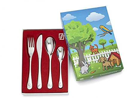 Brillibrum Design Kinderbesteck 4er Set aus Edelstahl Spühlmaschinenfest mit Namen Besteck mit Motiven Kinder Besteck Set (Gravur bis 10 Zeichen, Haustier)