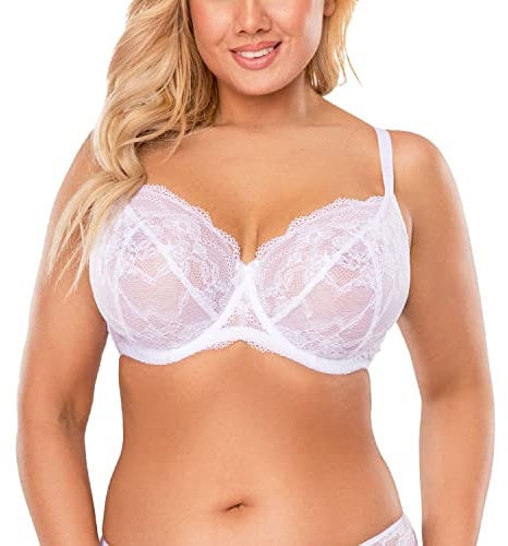 VIVISENCE Schalen Bügel BH Damen Große Größen Komfort Vollschalen Ungepolstert Spitze Tüll Schalen Geblümt Elegant Bügel Träger Große Brüste, Weiß,90F
