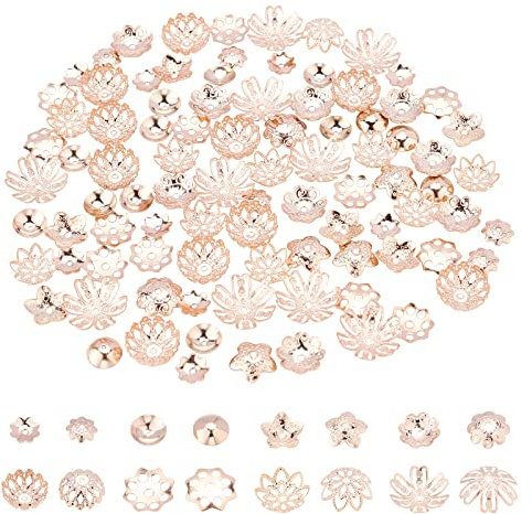 PH PandaHall 80pcs Acier Inoxydable 304 Chapeau de Perle, 8 Modèles Bonnet Fleur Filigrane Rond Perle Capuchon de Perles Capuchon Bijoux en or Rose pour Bracelet Collier Bijoux, 7~14.5mm