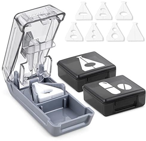 Fullicon Pillenschneider für kleine oder große Pillen, Pillensplitter mit V-förmigem Halter, Medikamentenschneider mit scharfer Klinge, Tablet-Splitter mit zwei großen Pillen-Organizern