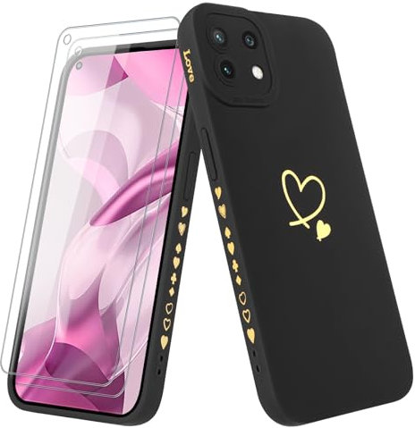 Vauki Hülle für Xiaomi 11 Lite 5G NE/Mi 11 Lite 4G/5G mit 2 Schutzfolie Handyhülle Mädchen mit Herz Motiv Muster Weiches Dünne Silikon TPU Stoßfest Kratzfeste Case, Schwarz