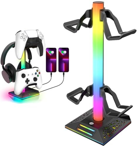 LUCKY KVW Gaming Controller Holder,RGB Headphone Stand,Desk Gaming Headset Holder with 10 Light Mode 2 USB Charging and 1 Type-C,Memory Feature for Gamers PC Earphone Accessories Desk