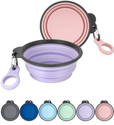 Heouvo Collapsible Dog Bowls with Bottle Carrier, 2 Pack Travel Dog Water Bowl with Upgraded Carabiner, One-piece Molded Rim No Fall Off or Crack (Pink/Violet, Small(Pack of 2))