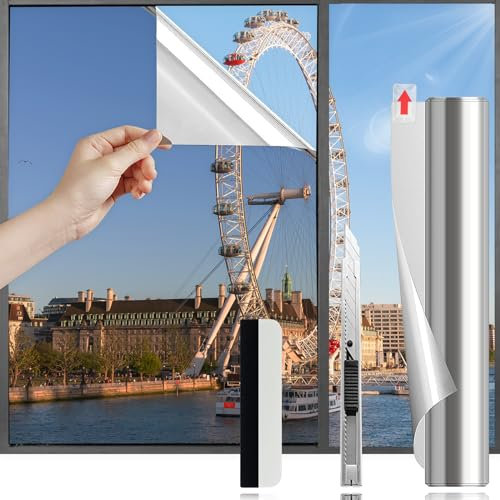 HOMTOL Sonnenschutzfolie Fenster Innen 44.5x200cm, Folie Fenster Sichtschutz ohne Klebstoff, Hitzeschutzfolie Fenster, UV Schutzfolie Fenster, Silber Folie für Fenster Einseitig Blickdicht für Büro
