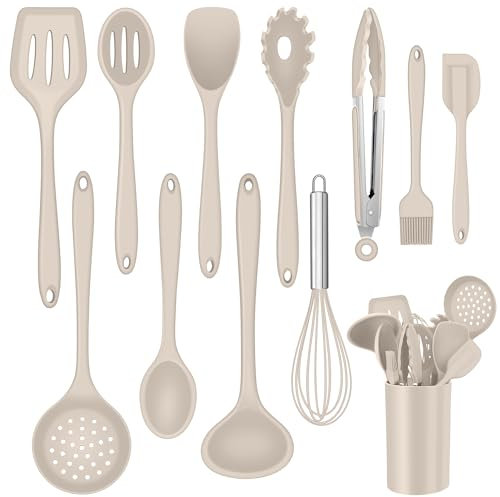 Küchenhelfer Set, Onader 12 teiligs Silikon Kochutensilien Kochbesteck Set, Antihaft Hitzebeständiger Kochgeschirr Küchenutensilien Set mit Utensilienhalter, Spülmaschinengeeignet - Khaki