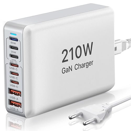 Chargeur USB C, 210W GaN 8 Port Multiple Charge Station, Chargeur Rapide Chargeur de Bureau USB C Compatible avec MacBook Pro/Air M2, iPhone 15 Pro Max/15 Pro/14 Pro, Samsung Galaxy S24/S23, Laptop