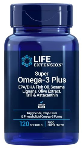 Life Extension - Super Omega-3 Plus EPA/DHA 120 Kapseln - Sesam-Lignane, Olivenextrakt, Krill & Astaxanthin - Hochdosierte Omega-3 für Herz- & Gehirngesundheit