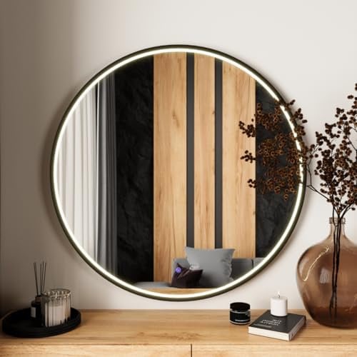Planetmöbel VELUNA Spiegel mit Beleuchtung Ø 80cm, moderner Wandspiegel rund für Badezimmer, Flur oder Garderobe, Spiegel mit Rahmen, einfache Montage