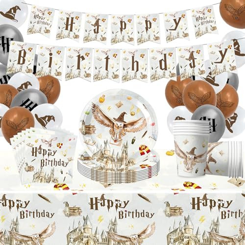 Decoration Anniversaire Wizard, 60 Pièces Kit Complet Fête - Vaisselle pour Fête avec Bannière, Nappe, Assiettes, Gobelets, Serviettes, Ballons - Décoration d'Anniversaire Enfant Thème Magicien
