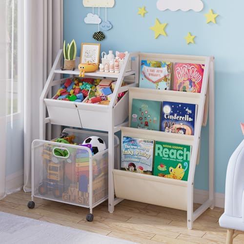 HAVLOTII Kinder Bücherregal und Spielzeugaufbewahrung, Bücherregal Kinder mit 3 Stoffregalen, Montessori Buchdisplay Regal, Mehrzweck Kinder Organizer für Kinderzimmer, Spielzimmer, Schlafzimmer