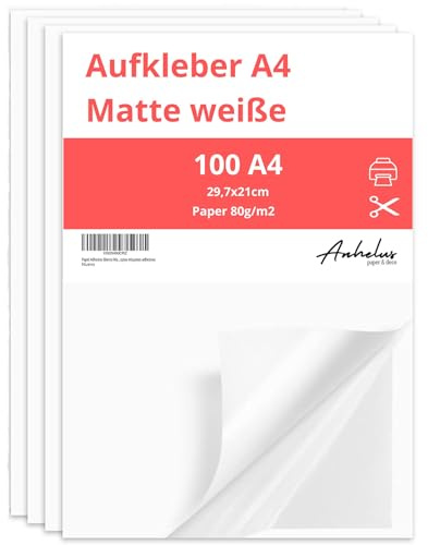 Papel Adhesivo para imprimir Blanco Mate 80gr | 100 hojas A4 | Etiquetas adhesivas A4 tamaño 21x29,7cm | Papel adhesivo impresora inkjet y laserjet | Crea tus propias etiquetas adhesivas