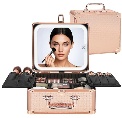 Relavel Makeup Bag with LED Mirror, Travel Makeup Cases with 3 Color Lights, Large Capacity Cosmetic Train Case for Women, Portable Makeup Artist Organizer Bag with Adjustable Dividers,Rose Gold