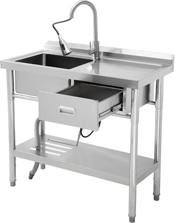 Edelstahl Spülbecken freistehend, Arbeitstisch, Schublade & Mischbatterie | Ausgussbecken; Waschküche; Garage; Werkstatt; Keller; ausziehbare Brause; Warm- & Kaltwasser; robust; pflegeleicht; Gastro