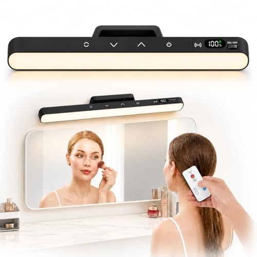 Makeup Light for Bathroom, Rechargeable Mirror Lights with Battery Display,Dimmable Stick on Vanity Lights with 5 Color Modes,Remote Control Wireless Bathroom Lamp for Dressing Table,Bathroom,Cupboard
