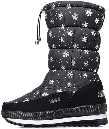 Solshine Damen Nylon Langschaft mit Fell Warm Gefütterte Wasserdicht Schneestiefel Schwarz 38EU