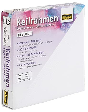 Idena 60009 - Cadre tendeur avec toile 100% coton, grammage 380 g/m², pour peinture à l'huile et acrylique, grand format 10 x 10 cm environ, blanc