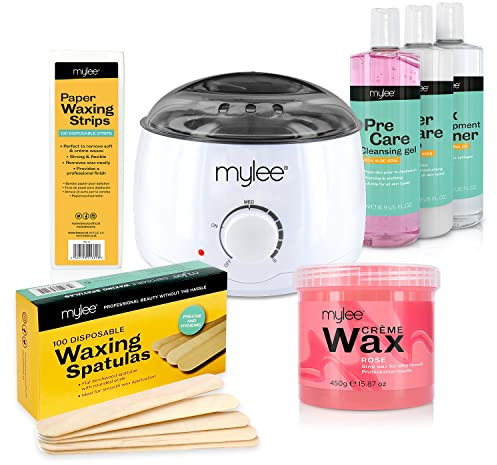 Mylee Salon Quality Waxing Kit Includes Wax Heater, Rose Wax, Waxing Strips, Spatulas, Mylee Pre and After Care Lotion and Equipment Cleaner (Rose Wax Kit)