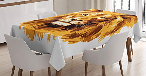 ABAKUHAUS Afrika Tischdecke, Tropen Safari Löwe-Kunst, Pflegeleicht Waschbar Schmutzabweisend und mit Klaren Farben Hochwertiger Druck, 140 x 240 cm, Orange Weiß