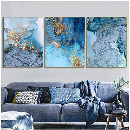 HANSHUIHONG Druck auf Leinwand Abstrakt Aquarell Gold Leinwandbilder Kalligraphie Blaue Kunst Poster und Drucke Wohnzimmer Schlafzimmer Gangdekor Wandbilder -50x70cm Ohne Rahmen