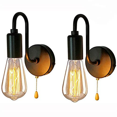 2 Pack Wandlampe Retro Industrial Wandleuchte mit Zugschnur Schalter, E27 Innen Leseleuchten Wandstrahler Metall Schwarz Nachttischlampe Wandspot Lampe für Schlafzimmer Wohnzimmer Veranda Korridor