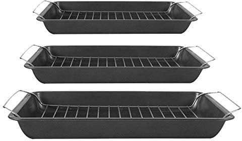 Roasting Tray with Rack Carbon Steel with a Non Stick Coating - baking trays for oven - Handles Cooking Set - Oven Dish - Bakeware - Non Stick Baking - Pack of 3