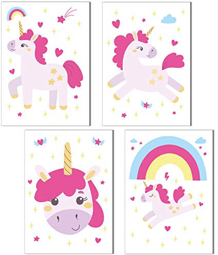 ChicResult 4er Set Einhorn Poster für Mädchenzimmer - Kinderzimmer Deko, Wanddeko Kinderzimmer, Poster Kinderzimmer Mädchen, Einhorn Bilder (4x DIN A4 ohne Bilderrahmen)