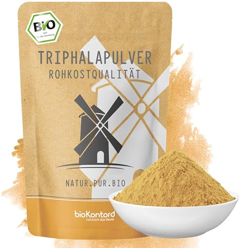 bioKontor – BIO Triphala Pulver 250g – 100% naturbelassen – fein gemahlen | Ayurveda Pulver – deutsche Handabfüllung – Triphala aus Amla, Haritaki & Bibhitaki – vielseitig für Getränke & Rezepte