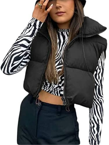 Yassiglia Damen Weste Kurze Ärmellose Jacke Warme Steppweste ohne Kapuze Daunenweste Winter Frühling Stehkragen, Gesteppt, Leicht (Schwarz, Small)