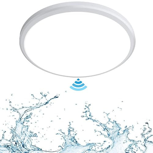 KZT Waterproof Ceiling lamp, with Motion Sensor 2000LM LED Ceiling Light, 36W Round Hotel Bathroom lamp for Kitchen, Warm White Ø32cm (White)