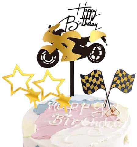 Guoguonb 5 Pieces Acrylic Cake Topper Racing Theme Birthday Cake Topper Happy Birthday Cake Decoration Motorbike Glitter Star Banner for Men Boys Birthday Parties, Golden