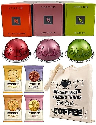 Coffee Pod Variety Pack for Nespresso Vertuo Machine - El Salvador, Colombia, Mexico - 3 Boxes (30 Pods) Bundled with Border Biscuits Selection and Reusable Tote Bag