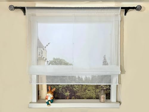Devola Raffrollo Einfarbig Voile Raffgardinen Küchengardinen Transparent Bändchenrollo mit Tunnelzug Fertiggardinen Moder HxB 140x80cm Weiß 1 Stück