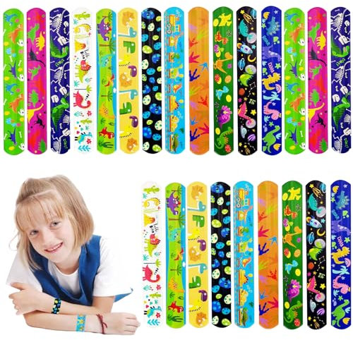 POPOYU 24 Stück Dino Schnapparmbänder Kinder,Dinosaurier Armband Kindergeburtstag Gastgeschenke,Mitgebsel Dino Geburtstag Junge,Dinosaurier Mitgebsel Slap Armbänder für Dino Kleine Geschenke