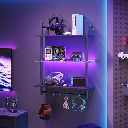 Bestier Gaming Floating Shelves, 23 inch LED Wall Mounted Glass Shelf with 3-Tier Storage Shelf, Bookshelf Pipe Shelves Hanging Display Rack with 8 Hooks Towel Bar for Gaming Room Living Room, Black