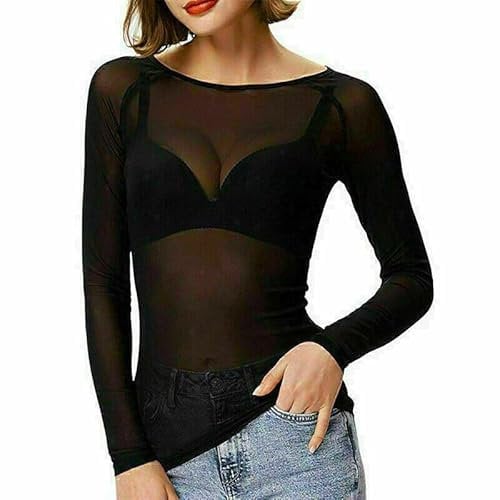 Womens Sheer Mesh Top Ladies Long Sleeve Stretchy See Through T Shirt Tops Plus Black