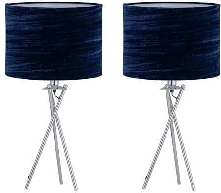 firstchoicelighting Set of 2 Polished Chrome Tripod Table Lamps or Bedside Lights, Modern, Navy Blue Crushed Velvet Shade, Height 52cm, LED Compatible