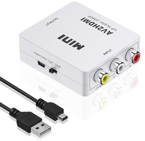 Vinmooog Convertitore da RCA a HDMI, Adattatore RCA HDMI, adattatore av hdmi Supporta PAL/NTSC con USB Cavo per PC/WII/ N64/ TV/ PS3/ Blu-Ray DVD - bianco