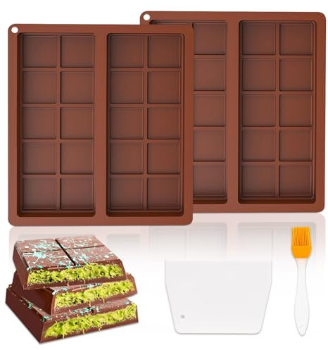 2 Pièces Moule Tablette Chocolat, Moule Chocolat Dubai, Moule Silicone Tablette de Chocolat pour Chocolat Bonbons Pralines, Sans BPA, Antiadhésif, -40-230°C, avec Spatule et Pinceau à Huile