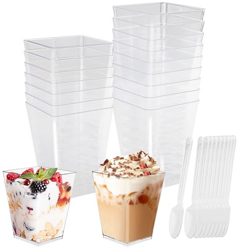 Foydream 50 Piezas 5oz/150ml Vasitos para Postres, 50 Cucharas Reutilizables, Vasos de Postre Transparentes para Postres, Pudines, Yogures y Aperitivos, Set Sin BPA para Fiestas y Eventos