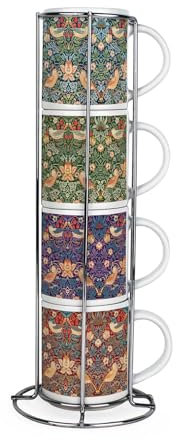 Purely Home Strawberry Thief Stacking Mugs Set - William Morris Artwork Present - Set of 4 Ceramic Mugs Gift Set with Metal Stand