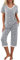 PrinStory Schlafanzüge Für Damen Kurzarm V-Ausschuss Schlafanzugoberteile Und Pyjamahose Mit Taschen Pyjama Set Nachtwäsche (Weißer Stern Grau, XXL)