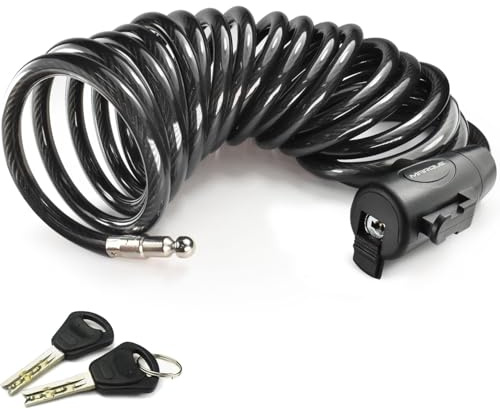 MARQUE Bike Lock with Key – 3/8” (4Ft, 7Ft, 15Ft) Coiled Cable Locks with 2 Keys, Anti-Theft Security Cable for Bicycles, Scooters, Kayaks, Paddle Boards, Gates (15 FT)