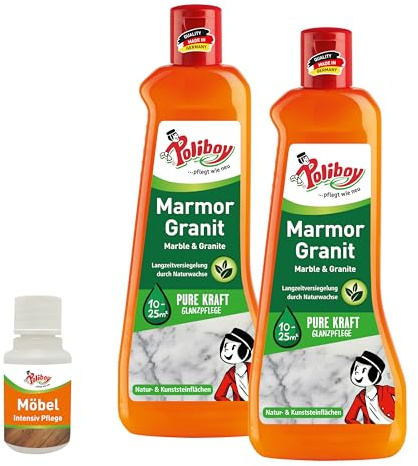POLIBOY Marmor Granit Pflege - Imprägnierendes Pflegemittel für Naturstein - Glanzpolitur mit Schutzwirkung - 2x 500 ml - Mit Möbelprobe - Made in Germany