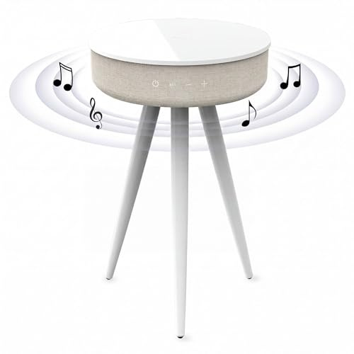 TD Systems - Mesilla Altavoz Bluetooth 30W con Carga Inalámbrica y USB, Mesa Auxiliar con Altavoz Integrado, Batería Recargable, Madera y Lacado Blanco para Salón y Dormitorio | SM30B11WB