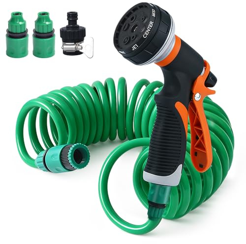 Spiralschlauch Garten, 15M Flexibler Gartenschlauch, Spiralschlauch Komplett Set mit 8 Funktions Brause, Handbrause Garten Brausekopf Wasserschlauch für Autowäsche, Haustierdusche, Gartenarbeit