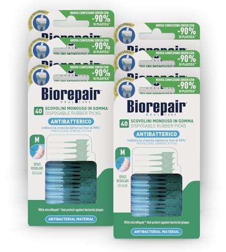 Biorepair, 40 Scovolini Monouso in Gomma, 6x40 Scovolini Dentali, Formato Regular, con MicroRepair, Proteggono dalla Placca Batterica, Inibiscono la Crescita Batterica Fino al 90%, Aroma Menta Fresca