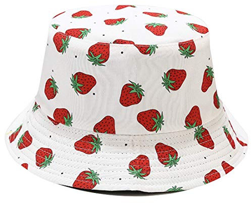 Yixda Sommer Fischerhüte Damen Mädchen Outdoor Faltbarer Reversibel Strand Sonnenhut (Erdbeere Weiß)