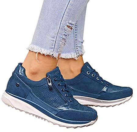 Onsoyours Sneakers con Lacci in Pelle Donna Scarpe da Ginnastica Moda Zeppa da Donna Casual Scarpa Estiva Stringata con Cerniera Laterale Blu 42 EU