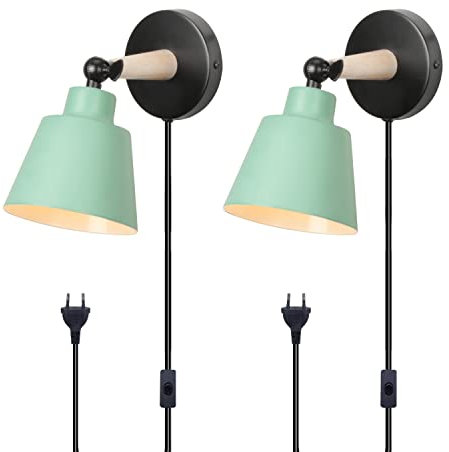 TOKIUS 2 Stücke Wandleuchten, Moderne Wandlampe aus Metall und Holz Deko E27 Fassung Verstellbarer Wandbeleuchtung Innen Wandlampe für Schlafzimmer Wohnzimmer Korridor (Grün, Mit Stecker Schalter)